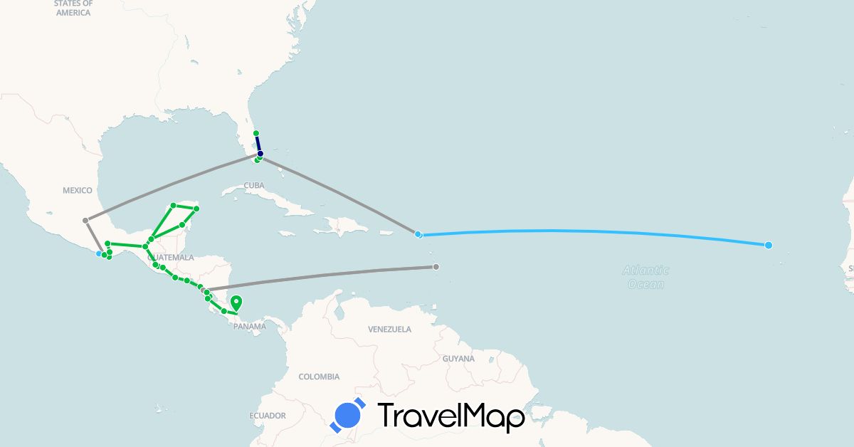 TravelMap itinerary: driving, bus, plane, boat in Saint Barthélemy, Costa Rica, Cape Verde, Guatemala, Martinique, Mexico, Nicaragua, Netherlands, El Salvador, United States (Africa, Europe, North America)